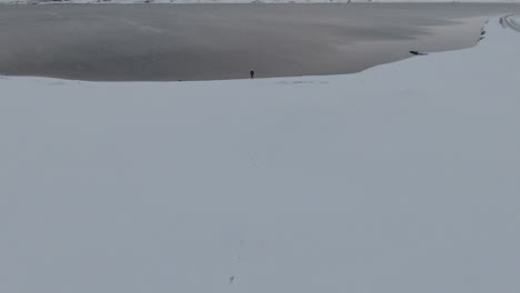 잔잔한 해변 옆 눈 덮인 해변에 서 있는 사람의 돌리 전경