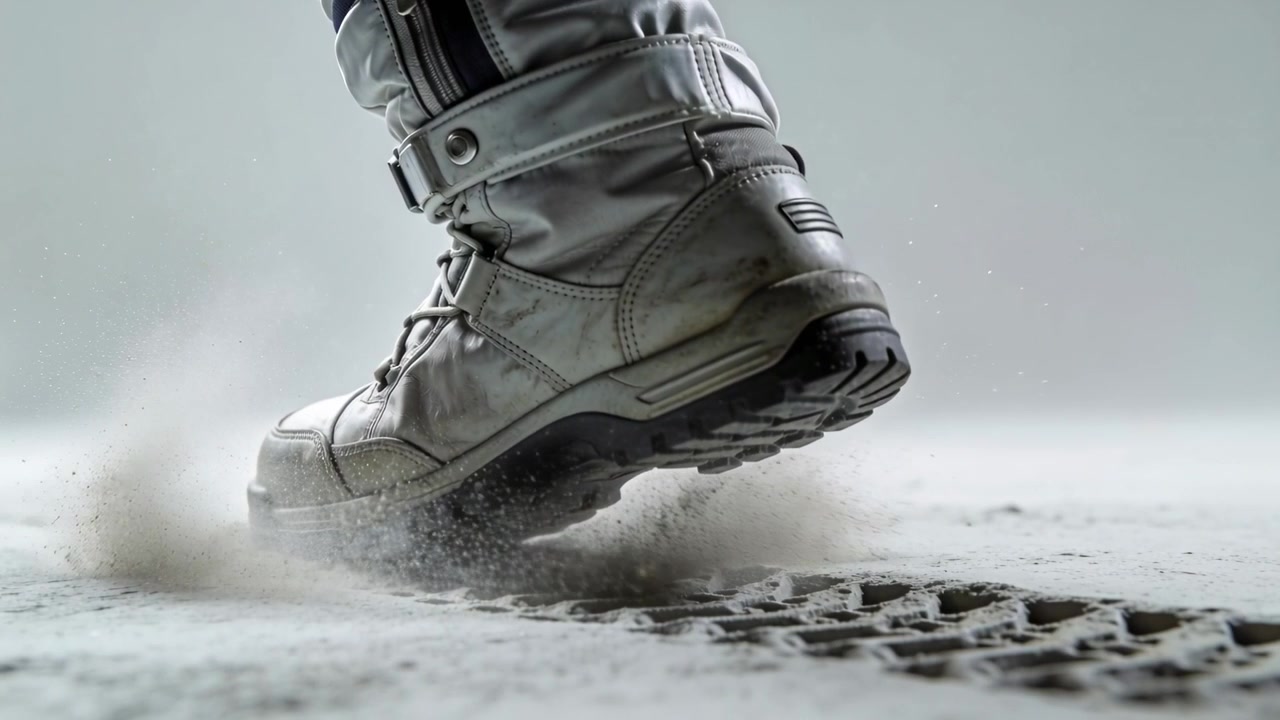 Descending reinforced boot with suit leg contacting dusty floor, kicking dust, forming tread print
