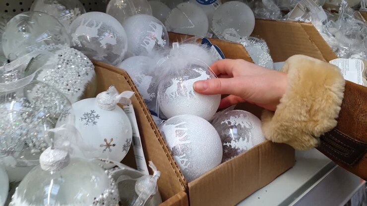 Selection and Shopping in the store for Christmas decorations for the Christmas tree.