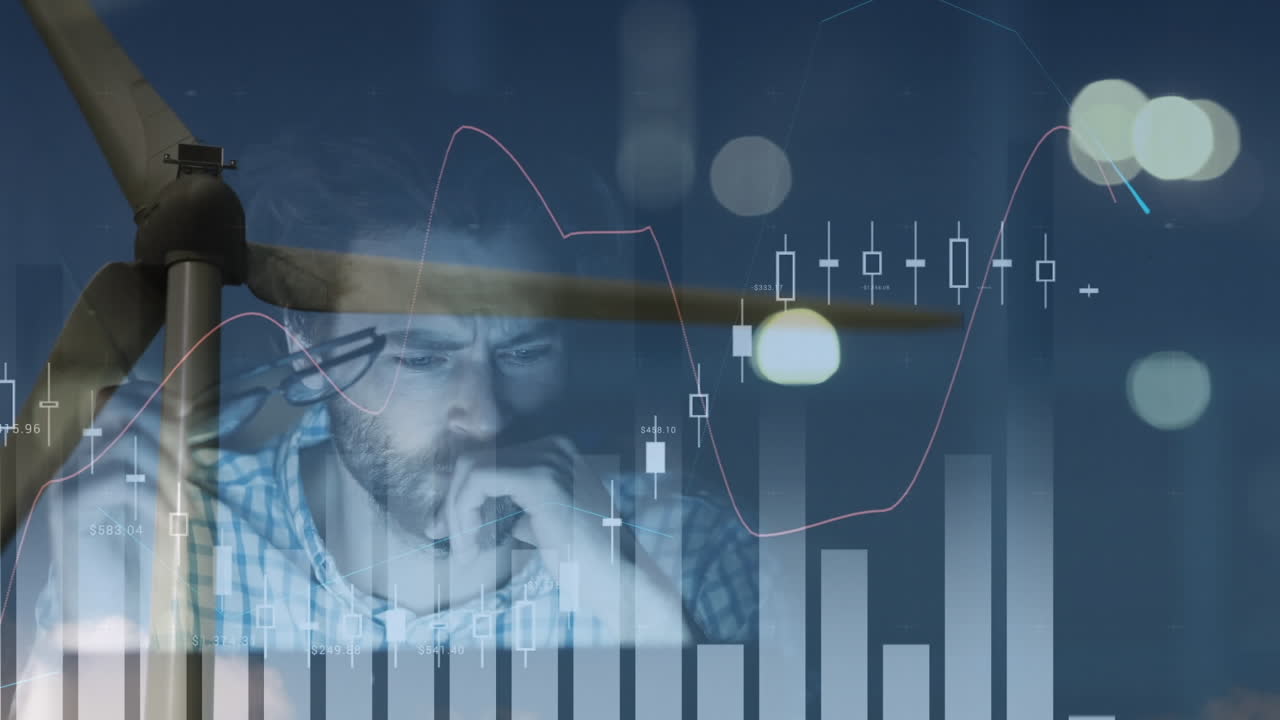 Animation of statistics processing over man using computer and wind turbine