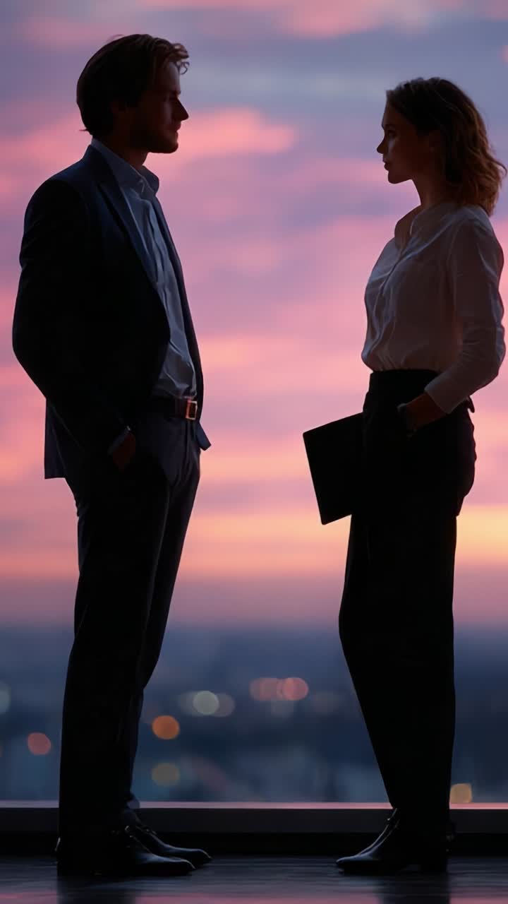 Una conversazione avvincente al crepuscolo: due silhouette impegnate in una profonda discussione sullo sfondo di un tramonto mozzafiato in un contesto moderno
