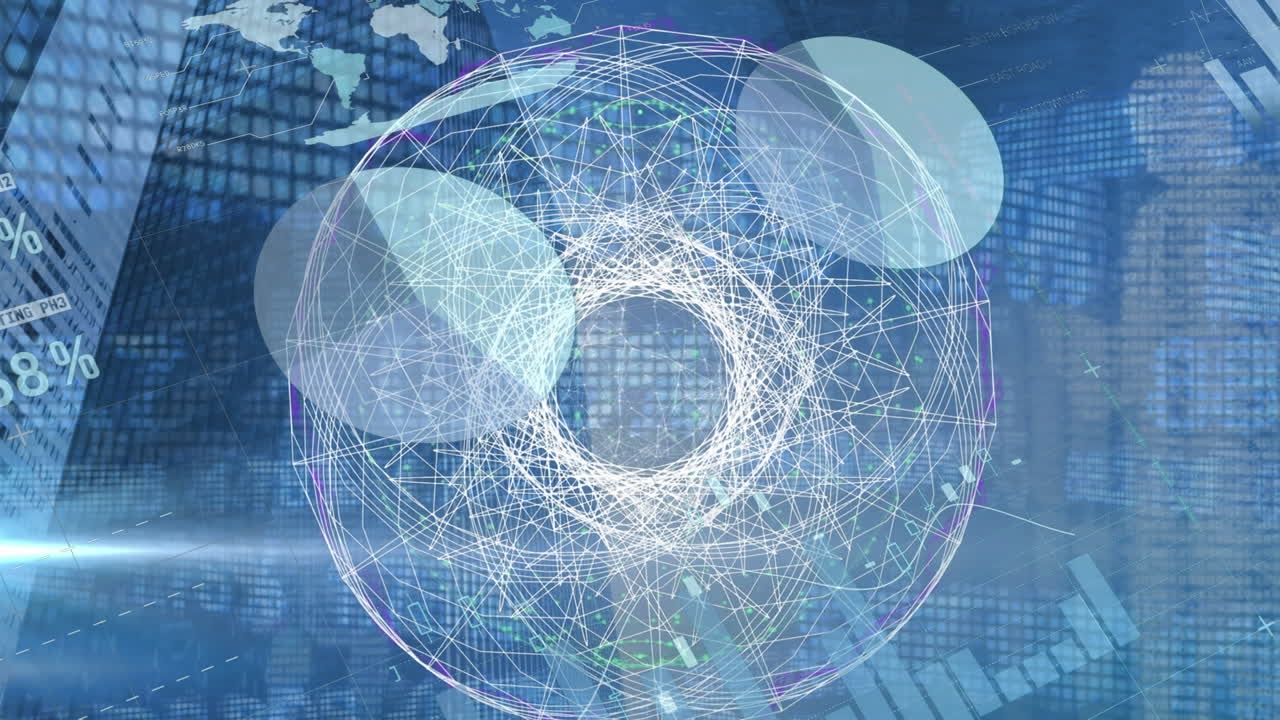 지구 회전의 애니메이션과 컴퓨터 서버를 통한 데이터 처리