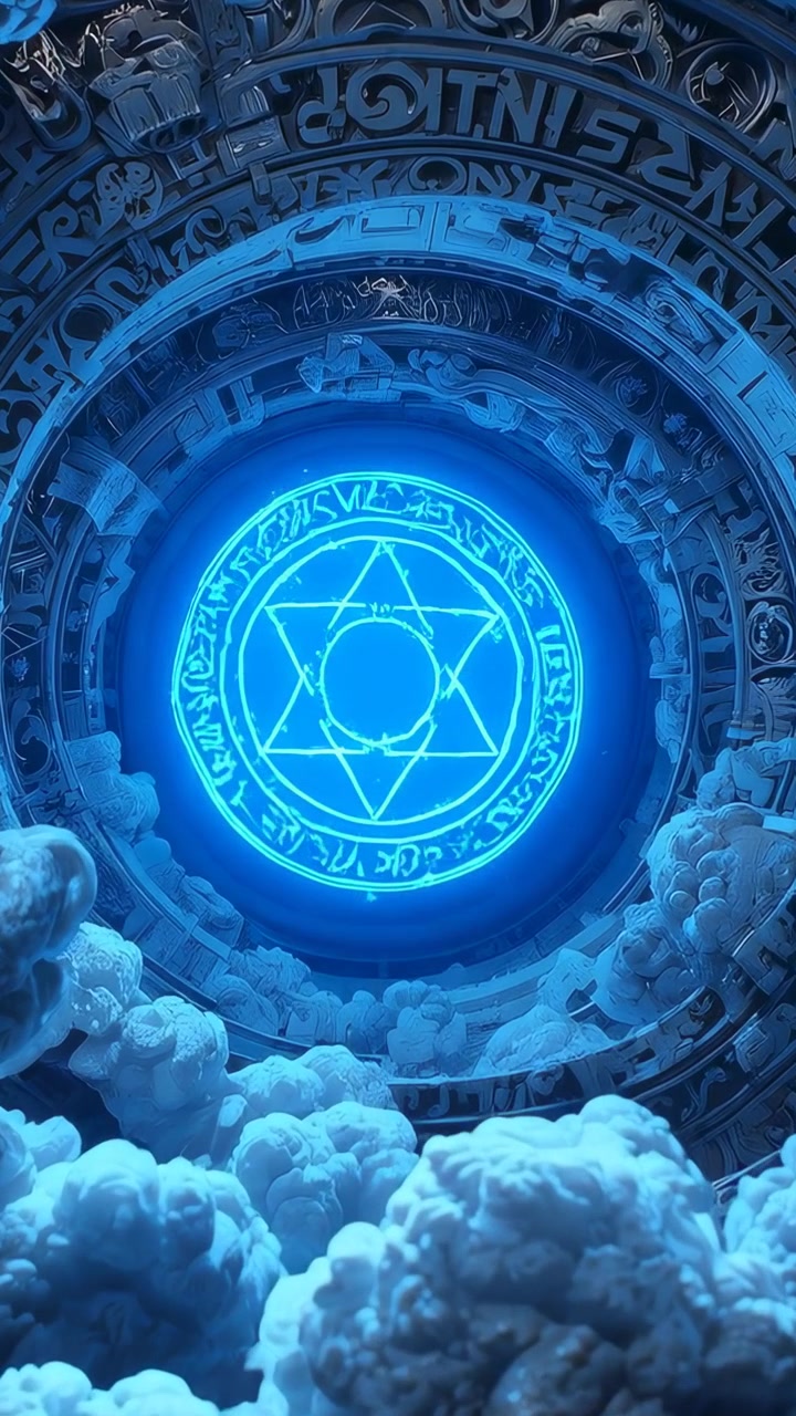 Vertical video: Pulsing blue sigil brightening, revealing runes on rings in vault, billowing mist