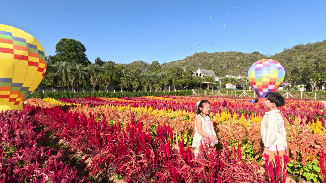 Duas crianças exploram um campo de flores vibrante com um balão de ar quente decorativo em um dia ensolarado