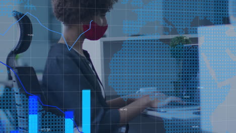 procesamiento de datos estadísticos sobre el mapa del mundo contra la mujer que usa máscara facial usando computadora portátil en la oficina