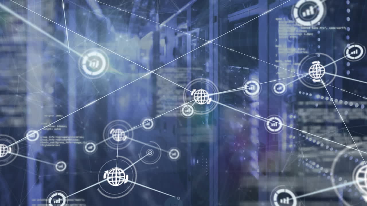 Animation of connected icons over computer language against illuminated server room in background