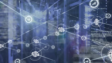 animation of connected icons over computer language against illuminated server room in background