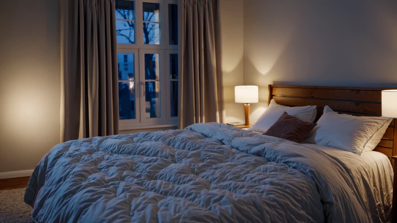 Cozy bedroom with soft lighting, captured from a wide-angle view