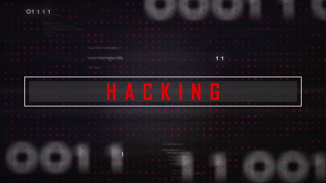 Glitch-effekt, der får røde bogstaver til at flimre og justere sig igen inde i en hvid boks, der afslører beskeden HACKING.