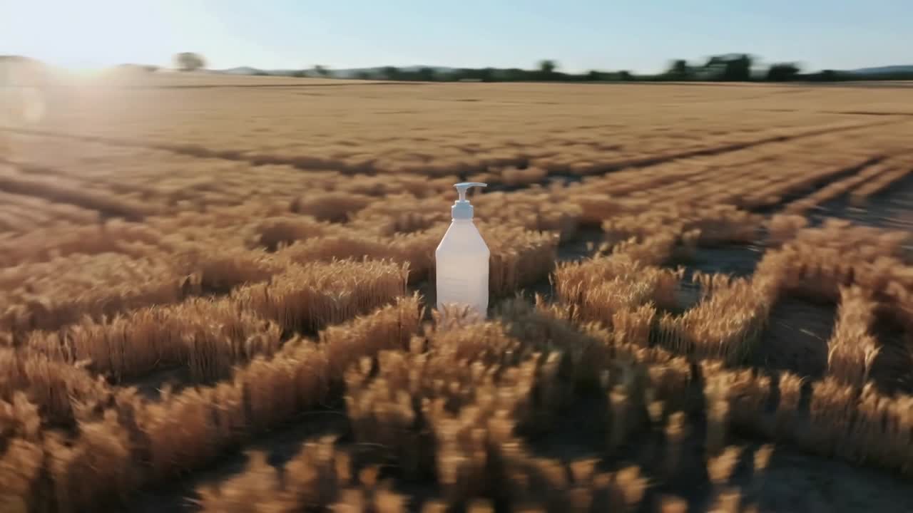 Approaching drone revealing stationary white pump bottle in wheat field, highlighting radial tracks