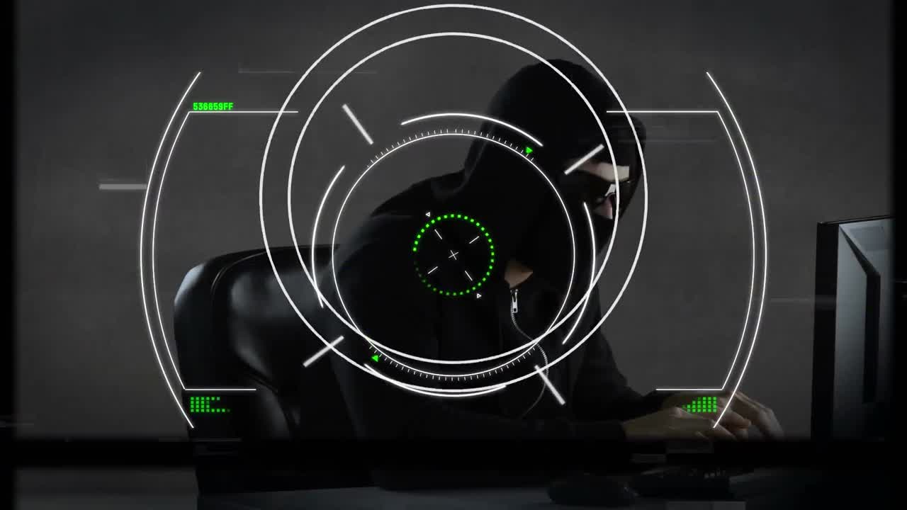 animación del alcance y el procesamiento de datos sobre hacker con computadora portátil