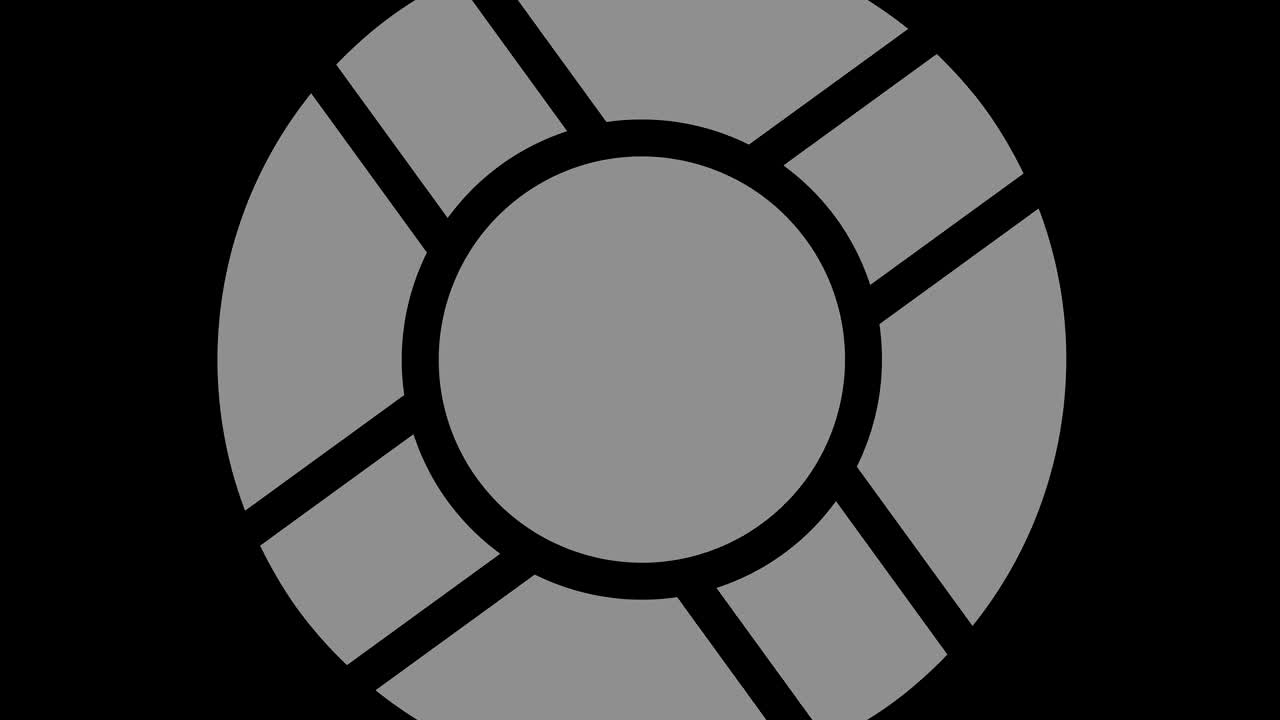 objeto gráfico en blanco y negro con efecto estroboscópico e hipnótico, que gira en el sentido de las agujas del reloj disminuyendo el tamaño de pantalla completa a desaparecer en el centro, en formato de video 16: 9