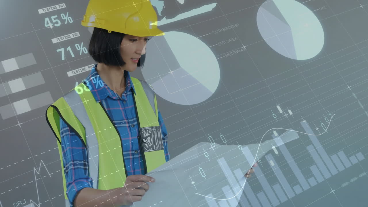 animación de procesamiento de datos financieros arquitecta biracial usando una tableta