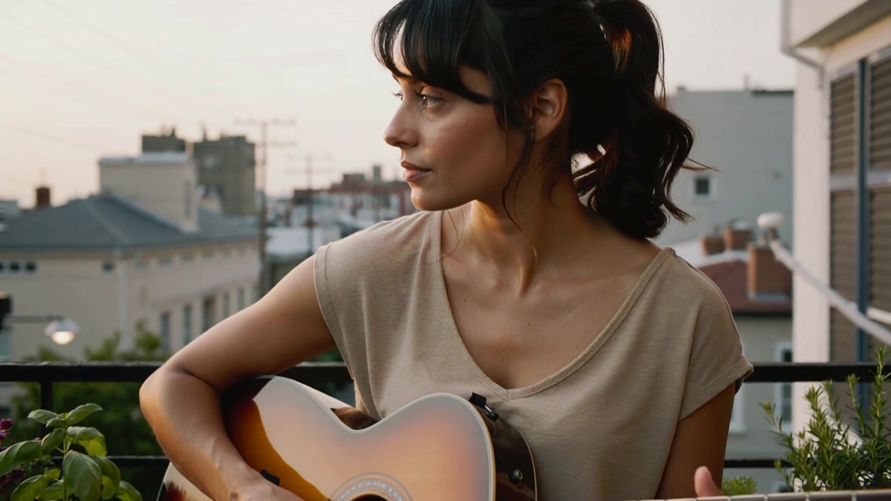 Mulher de camisa jeans dedilhando, após um close-up de dedilhar e tocar na varanda com uma guitarra sunburst.