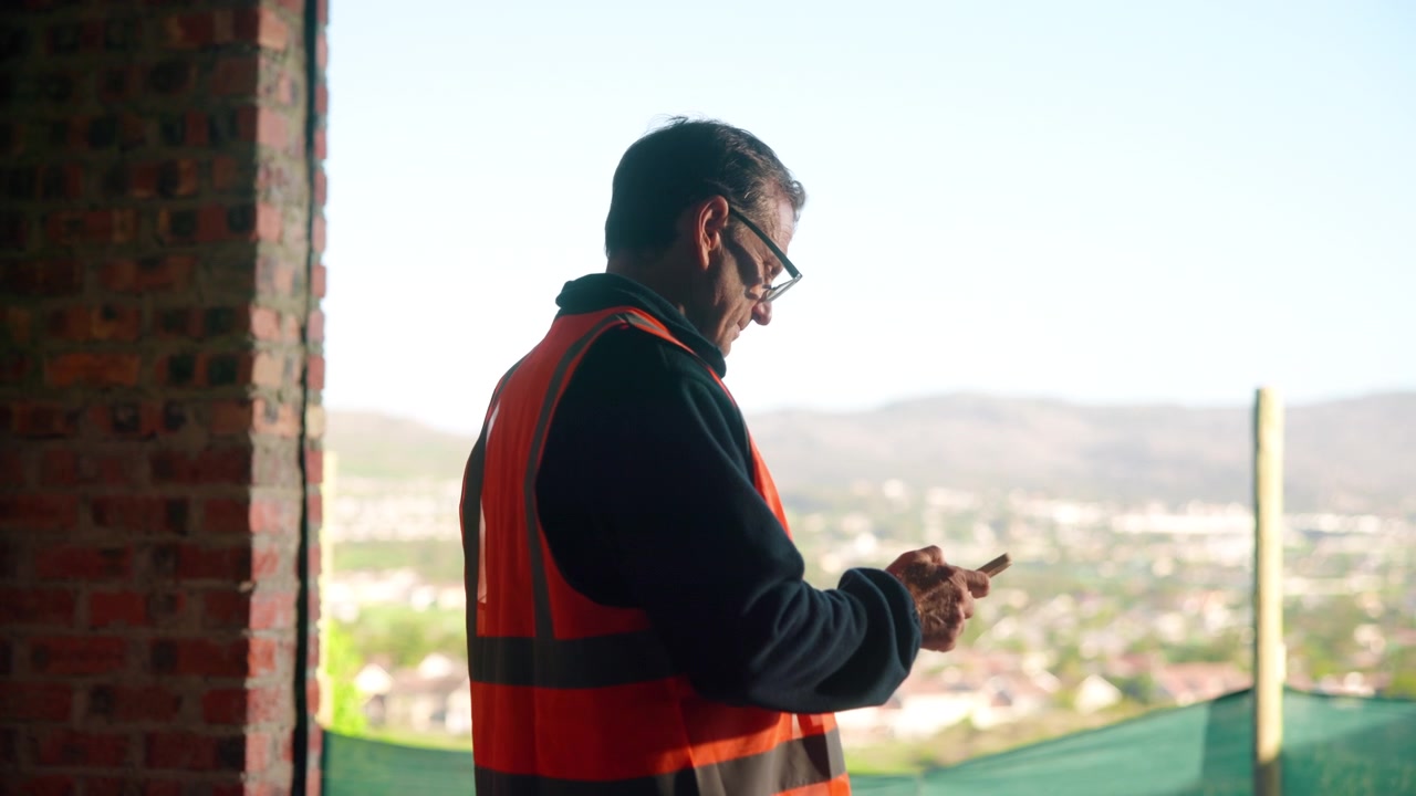 Construction Site Manager Checking Smartphone at Building Project