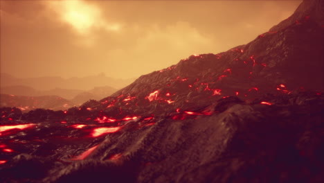 volcanic eruption with fresh hot lava flames and gases going out from the crater