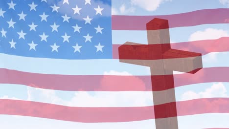 Animación-De-Cruz-Cristiana-Y-Nubes-Sobre-La-Bandera-Ondeante-De-Estados-Unidos.