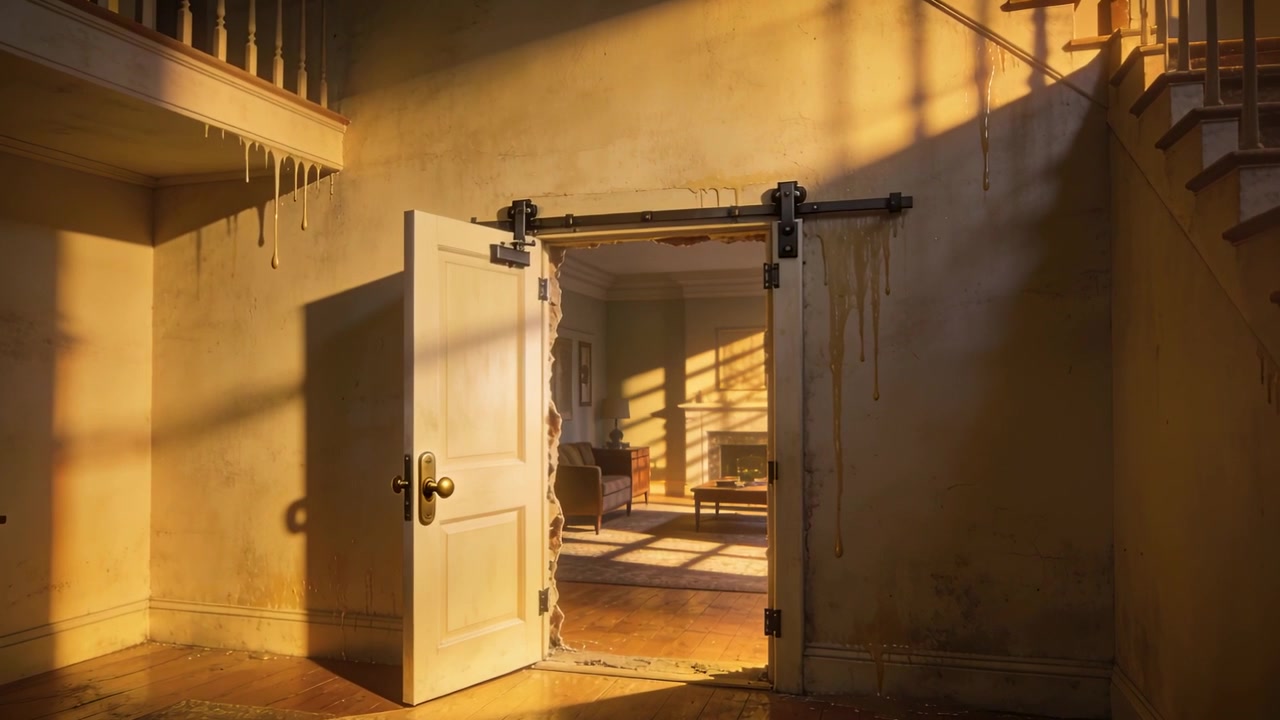 Sole che si sposta, ombre a griglia che si muovono attraverso la porta aperta, rivelando una poltrona e un tavolino.