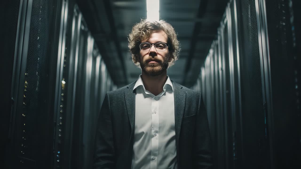 A Deep Reflection in the Server Room: A Professional Engaged in Contemplation Amidst High-Tech Infrastructure, Symbolizing Innovation and Introspection