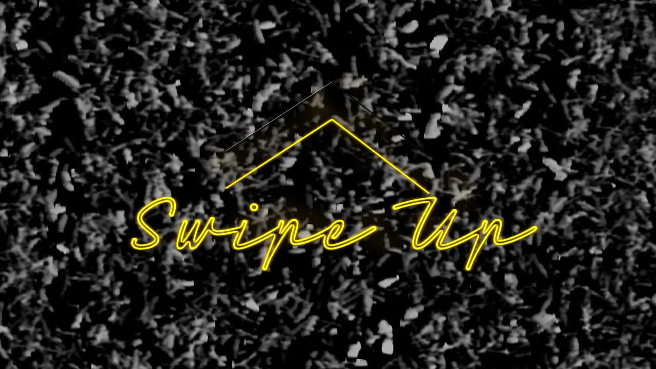 Animation of flickering yellow neon text, swipe up, over monochrome grass texture
