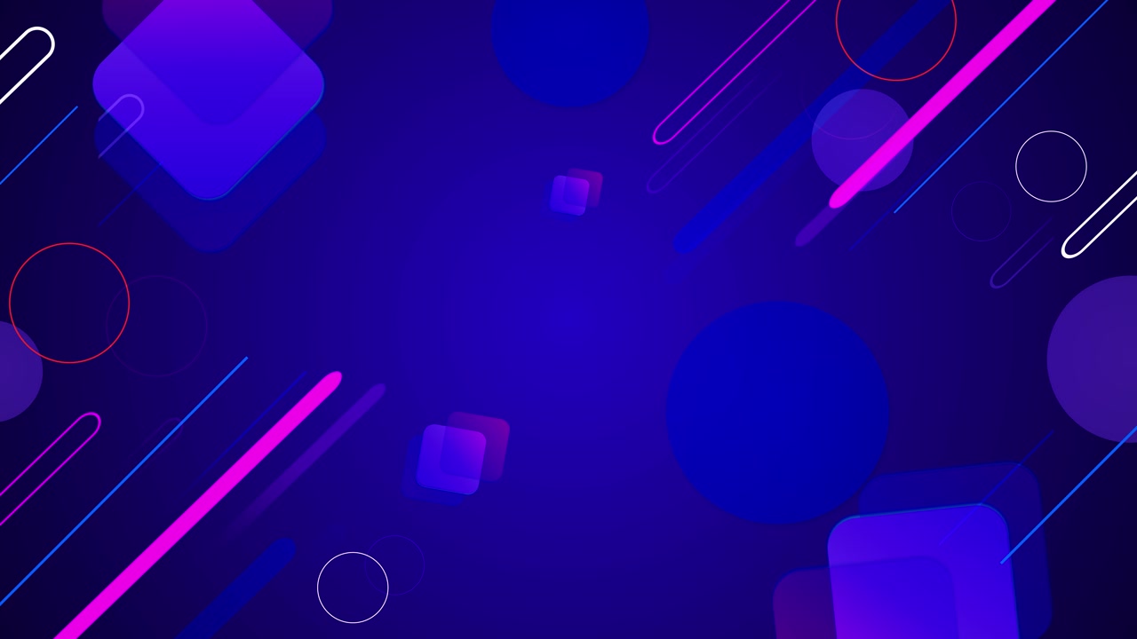 Blue purple geometric motion background squares diagonal neon lines circles deep gradient space