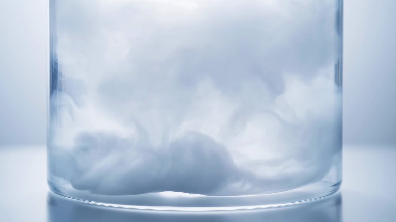 Verre avec du liquide tourbillonnant, sur un fond neutre, montrant le verre, le liquide, avec un verre transparent, une texture de liquide claire, d'une perspective de plan fixe rapproché, avec des accents bleus et blancs.