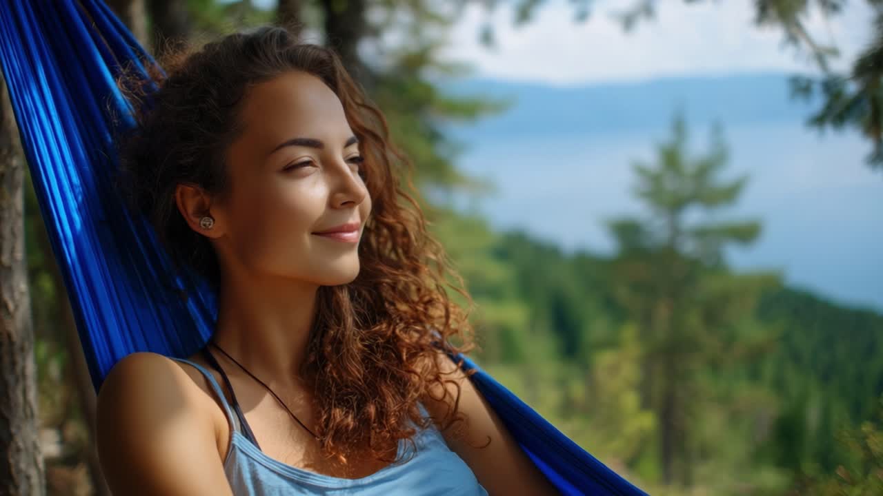 A serene moment captured in nature, featuring a young woman enjoying tranquility while relaxing in a hammock surrounded by beautiful greenery and a scenic view