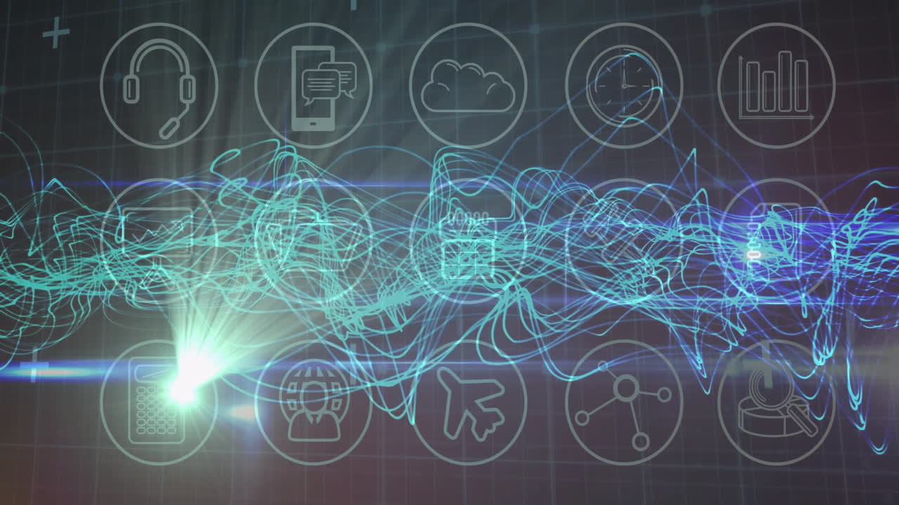 Animation of digital waveforms and icons illustrating technology in school setting
