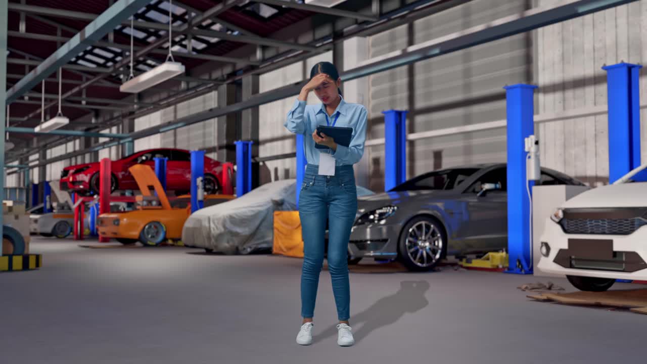 Corpo inteiro de uma mulher asiática com seu tablet em uma oficina de conserto de carros, digitando e desapontada, balançando a cabeça.