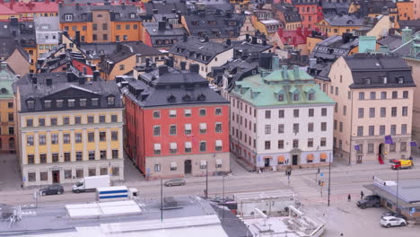 telephoto aerial reveal shot of old town neighborhood architecture, stockholm