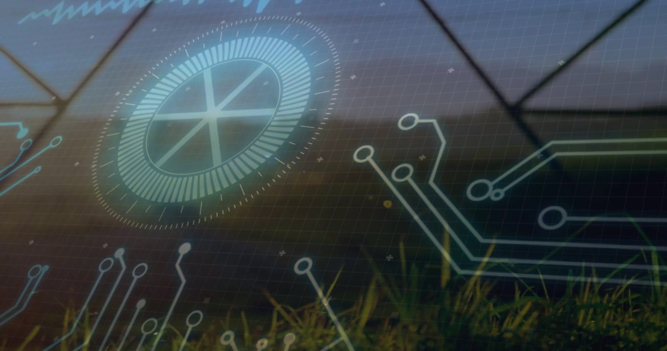 HUD brightening over grassy field, circuit lines emerging as camera panning, visualizing tech data