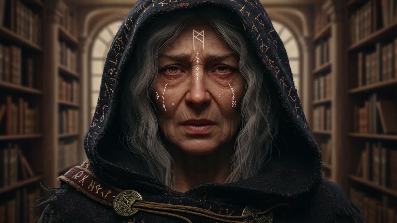 An Enigmatic Elder in a Library: A Portrait of Wisdom and Mystery Captured Through Time, Showcasing the Depth of Experience and Knowledge Through Subtle Expressions