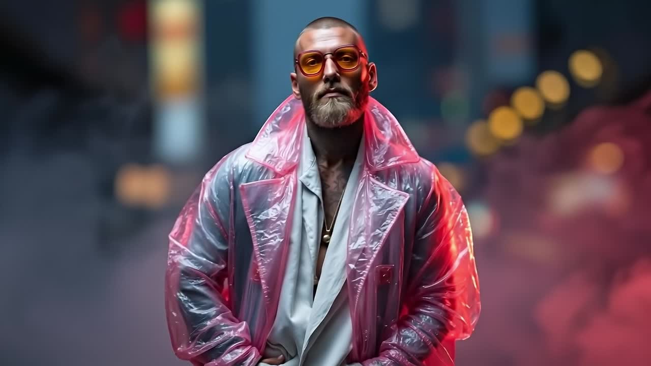 A man in a shiny jacket and sunglasses standing in the middle of a city