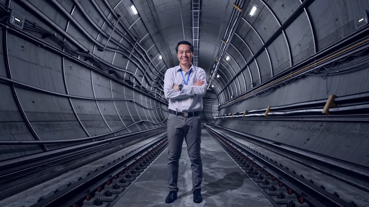 Full Body Shot Captures Of An Asian Male Professional Worker Standing In Underground Subway Tunnel, His Broad Smile At The Camera And Cross His Arm Over His Chest