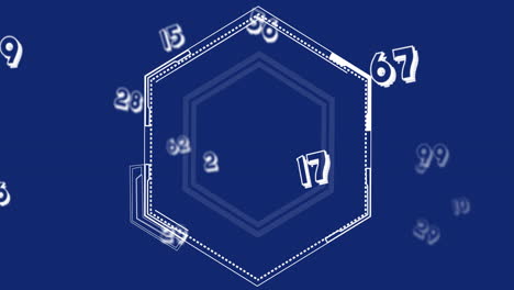 animación de números flotando sobre una forma hexagonal abstracta contra un fondo azul