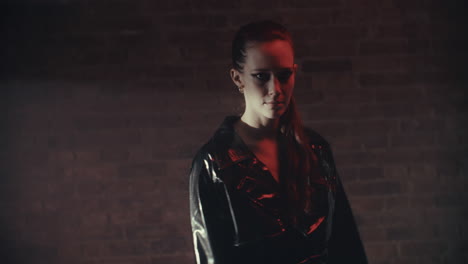 stylish woman in a black leather jacket