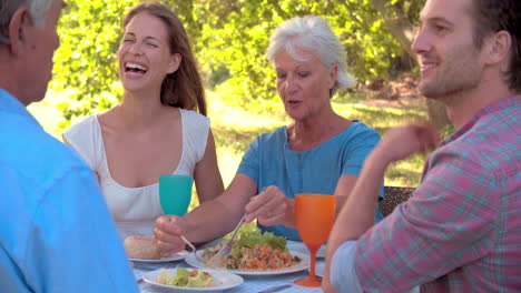 A-senior-and-a-young-adult-couple-eating-together-outdoors