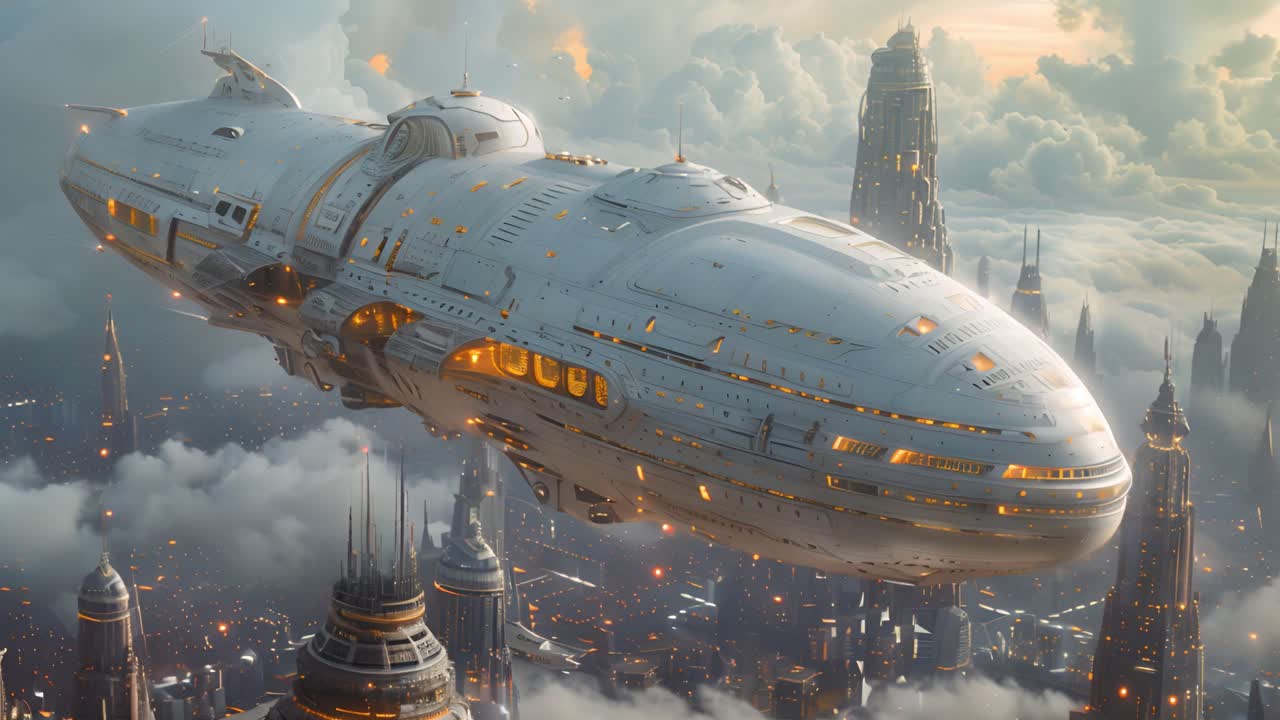 Futuristic Spaceship Flying Over a Sprawling City in the Clouds