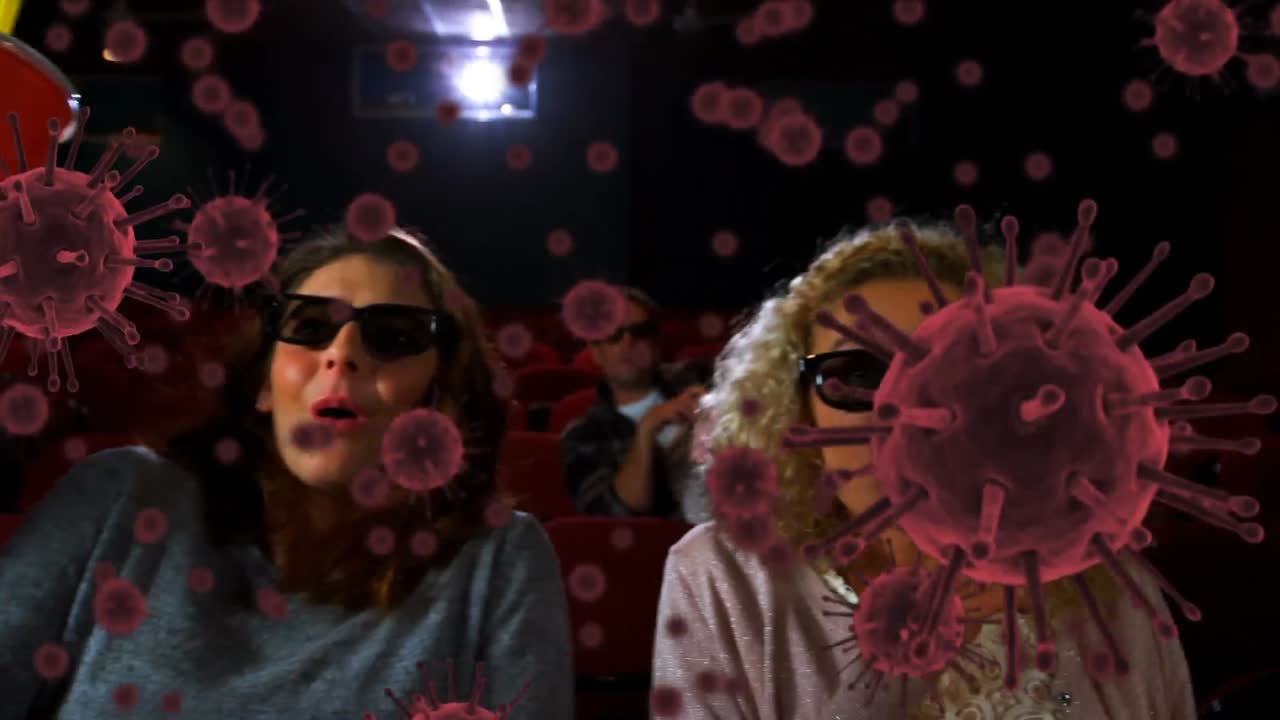 animación de células de covid 19 sobre personas en el cine