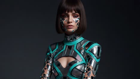a futuristic model showcasing a striking metallic costume with geometric patterns in a dramatic pose, emphasizing the blend of art and technology in modern fashion