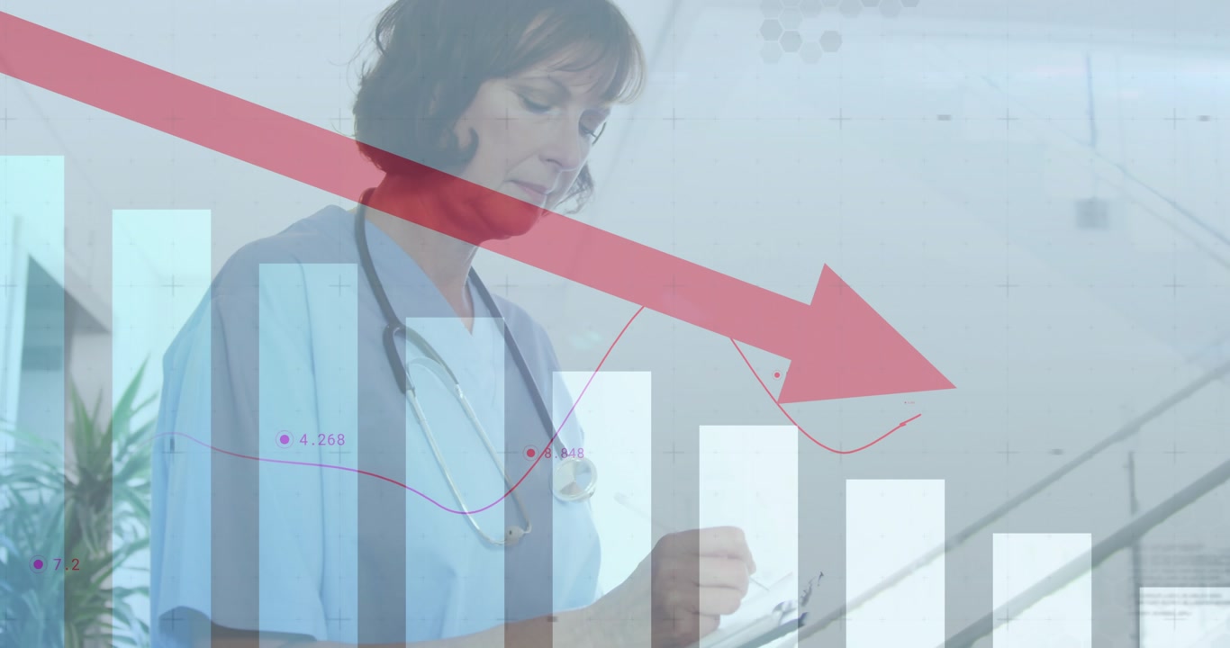 Vertical video: Seeing red arrow on chart, clinic nurse in scrubs noting clipboard with stethoscope