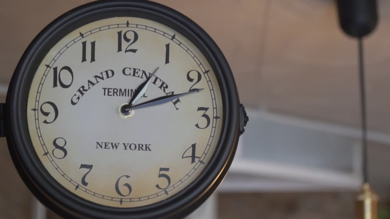 Antique Decorative Clock From New York And Vintage Light Bulb Hanging Inside Cafeteria. Coffee Shop Interior. tilt down