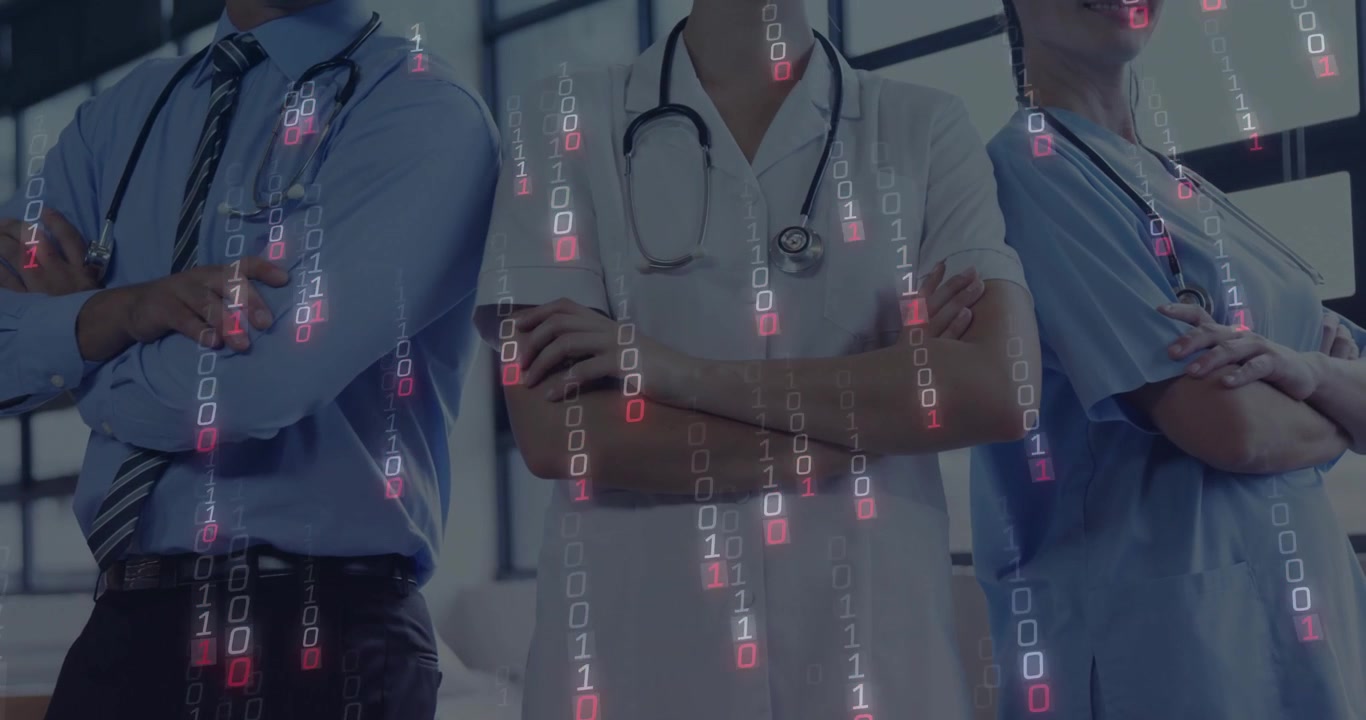 Binary code starting cascading over medical staff representing digital data flow in clinic