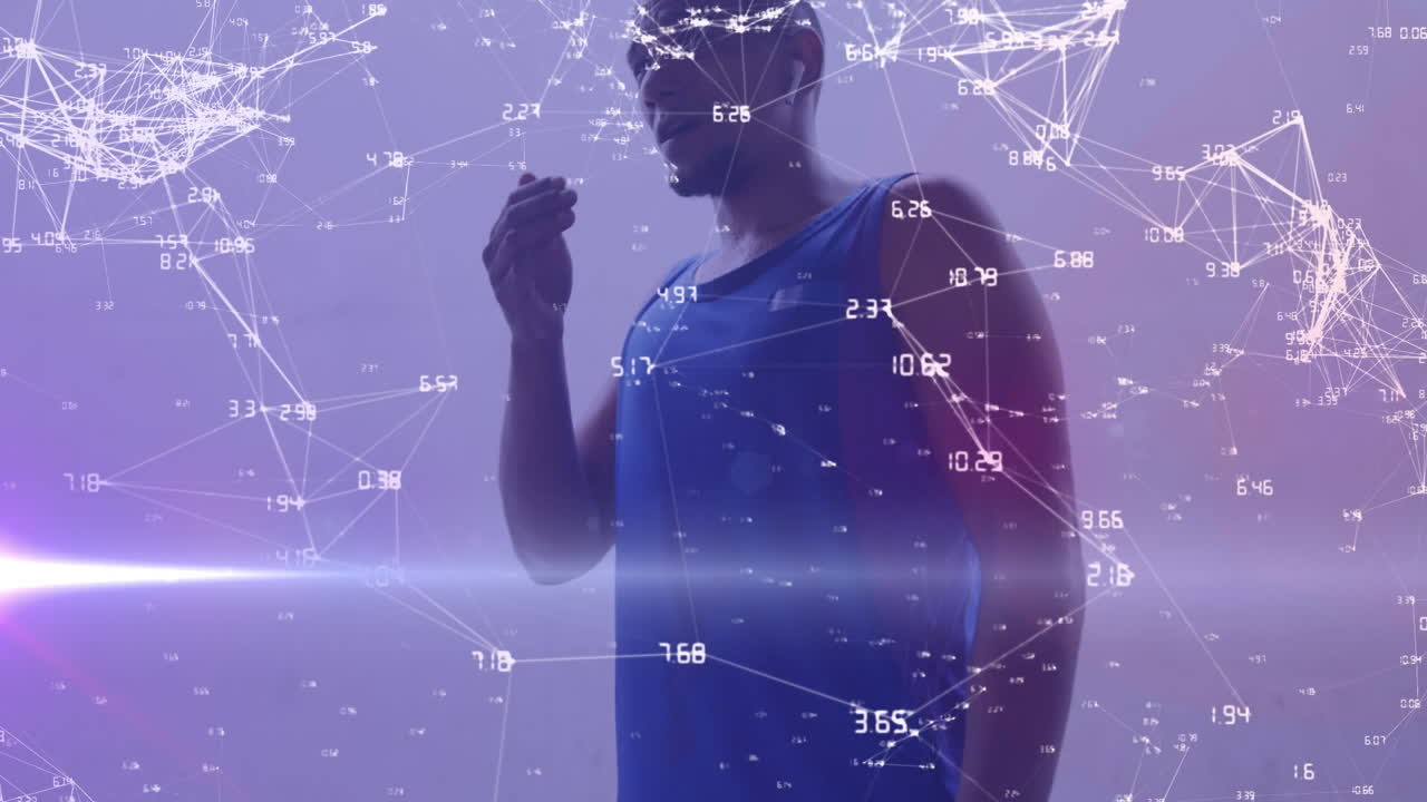 Animation of network and processing data over male athlete resting after exercise