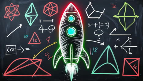neon rocket on a chalkboard with mathematical equations and geometric shapes