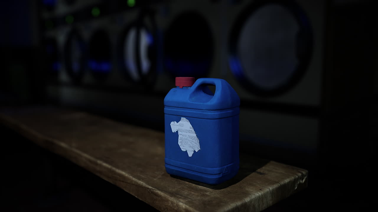 세탁소의 나무 벤치에 있는 파란색 세탁제 병.