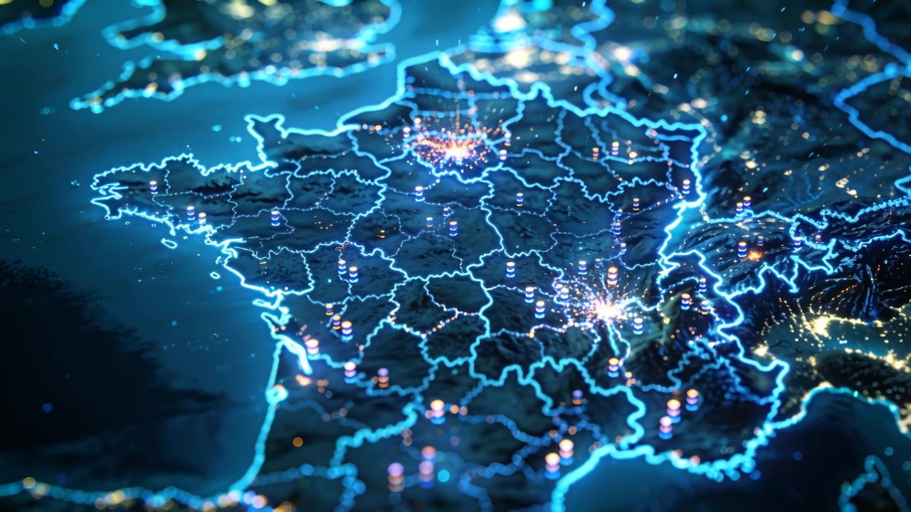 Camera zooming toward center, 3D France map pulsing light trails on dark plane, showing central hub