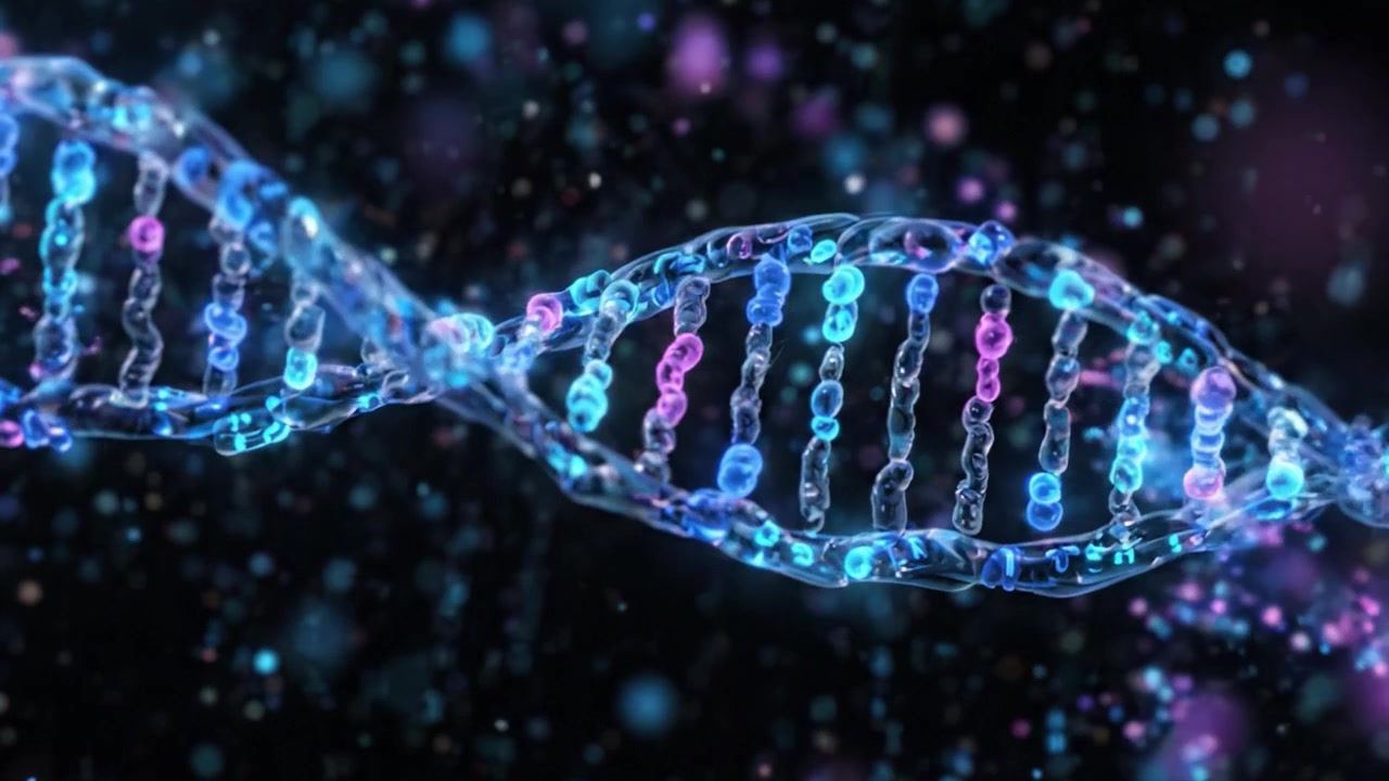 Affascinante Visualizzazione della Struttura del DNA che Evidenzia le Complessità del Materiale Genetico che Fluisce in un Ambiente Dinamico e Colorato.