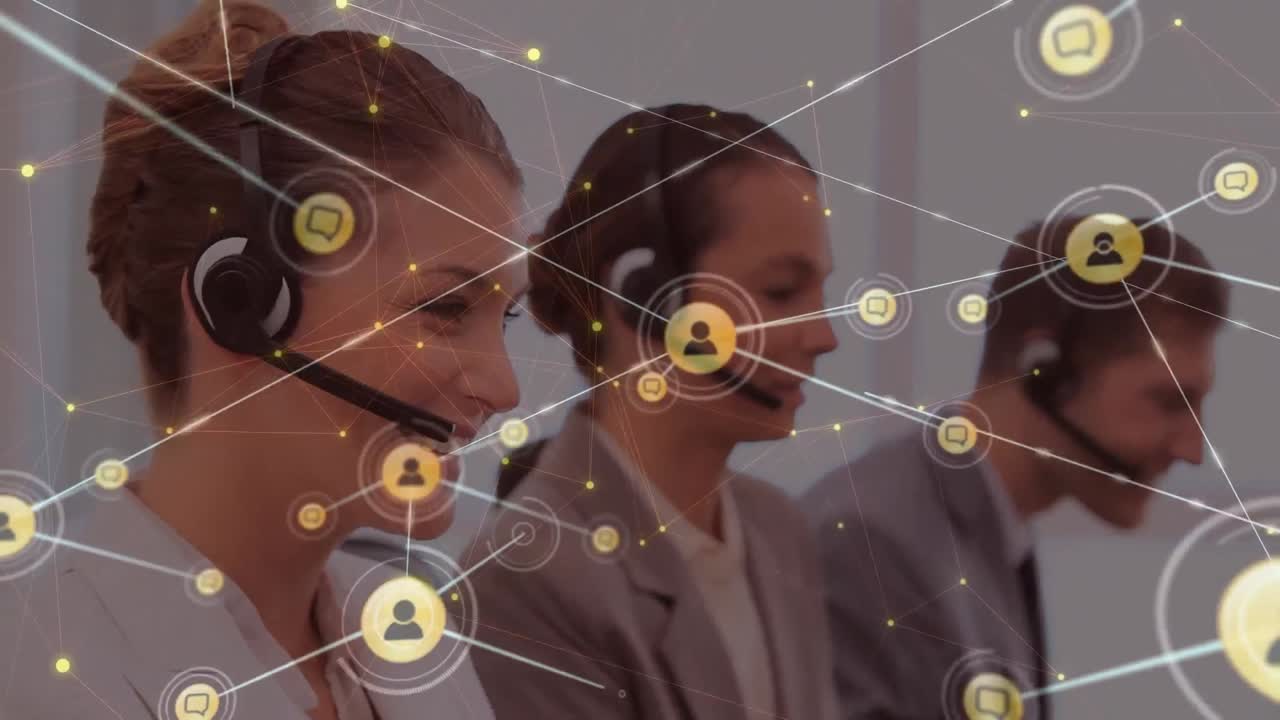 animación de la red de conexiones con iconos sobre diversas personas de negocios en la oficina