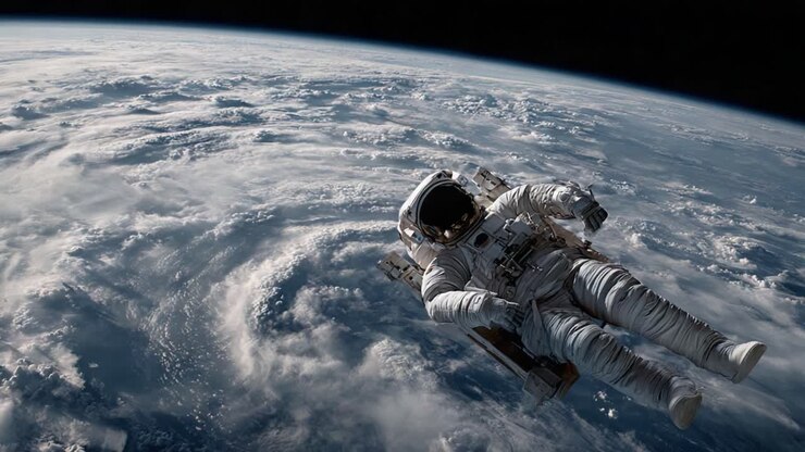 A solitary astronaut floats in the vastness of space, surrounded by Earth’s mesmerizing clouds and the infinite blackness of the cosmos, showcasing the wonders of human exploration